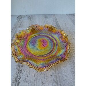 Vintage indiana Orange marigold iridescent carnival Glass platter tray yellow